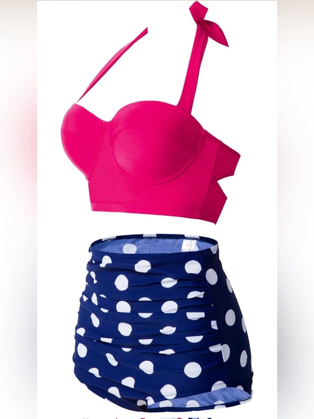 🌞Pink Bandeau Halter Bikini Top with Navy White Polka Dot Skirted Bottom